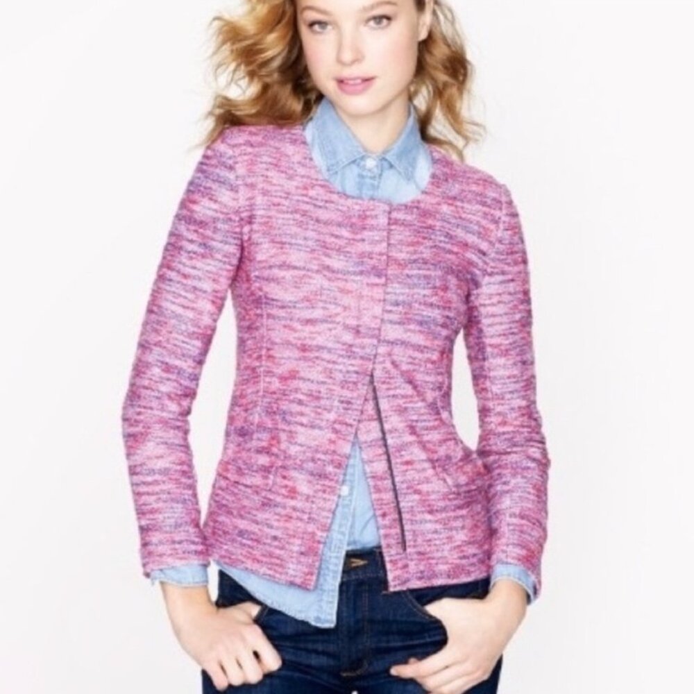 J. CREW Women's NEW Knit Micro Tweed Jacket‎ in Poppy Zip | Size L